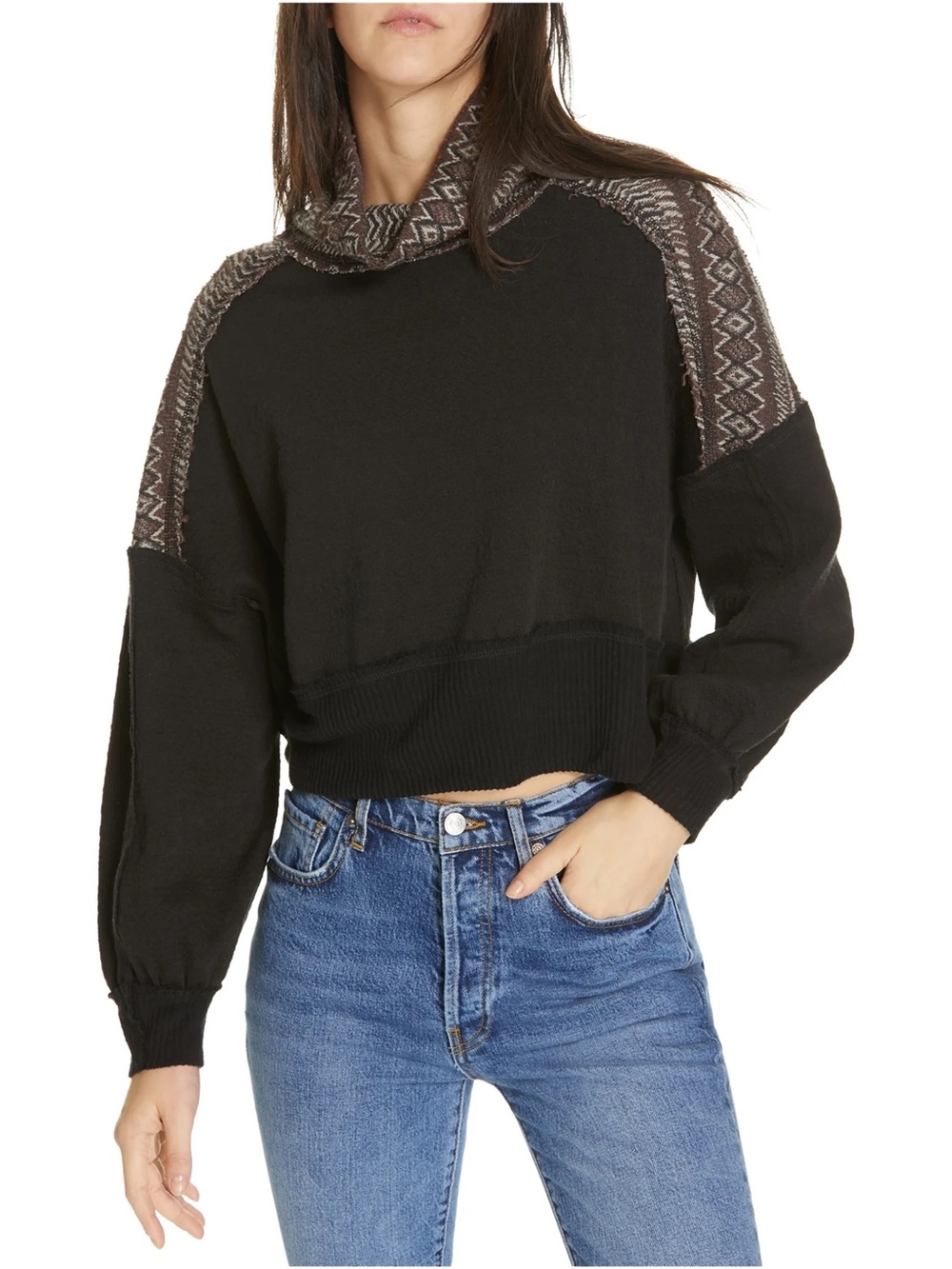 Free People At The Lodge Sweater XS Black Geometric Boho Oversized Cozy Pullover